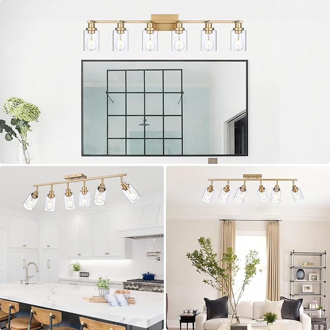 6-Light Track Lighting Kits Gold, Multi-Directional Rotating Kitchen Tracking Light Heads with Clear Glass, Modern Track Lighting Fixture Ceiling Vanity Lights for Bathroom Island Accent Shop