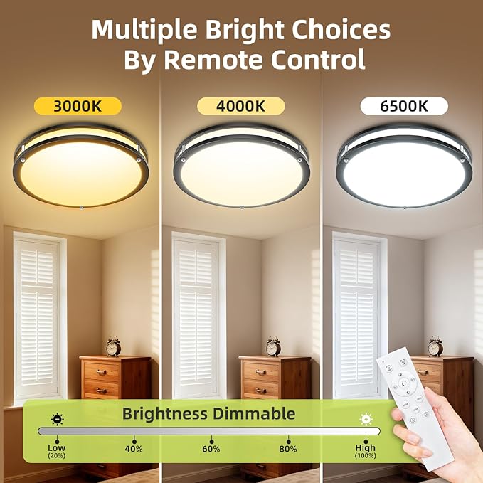 hepside Flush Mount LED Ceiling Light with Remote, Dimmable& 3000K-6500K Adjustable Ceiling Light Fixture, Timer, Night Light, 16 inch Black Ceiling Lamps for Kitchen Bathroom Bedroom Hallway