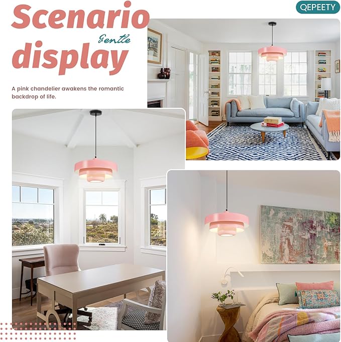 Pink Mid Century Chandelier, Adjustable Pendant Light with 59" Cord, Nordic Flush Mount Ceiling Fixture for Girls Bedroom, Apartment, Cafe, Dining Room