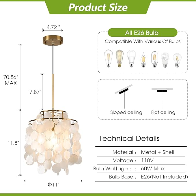 White Shell Pendant Lights, Brushed Brass Coastal Seashell Chandelier Metal 2 Tiers Ceiling Hanging Light Fixture for Kitchen Island Dining Room Entryway Bedroom Foyer, E26 Socket