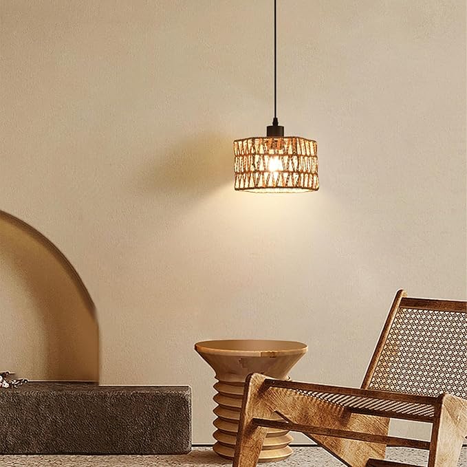 Woven Pendant Light Boho Chandelier, Rattan Pendant Lights Kitchen Island, Farmhouse Pendant Lighting with Hand Woven Wicker Shade, Boho Chandelier Light Fixtures Ceiling Hanging Light