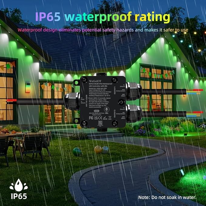 IP65 Waterproof LED Controller, ESP32 WLED WiFi APP Control, Outdoor Music Sync Light Controller, DC5-24V, for WS2812B RGBIC RGBW LED Strip Lights(2 Channel)
