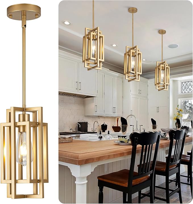 Farmhouse Pendant Light Fixtures, Gold Modern Pendant Lights 59'' Adjustable Small Square Pendant Ceiling Hanging Light for Kitchen Island Dining Room Entryway