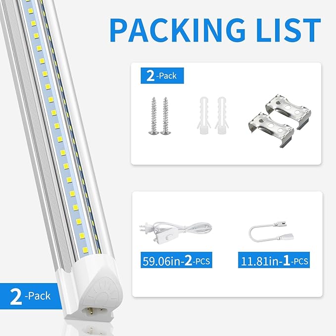 CNSUNWAY LED Shop Light 2FT, 20W 3000LM 6500K, T8 LED Tube Lights, Clear Cover, Ceiling and Utility Shop Lights, Linkable Light Fixture for Room, Garage, Workbench, Warehouse, ETL Listed (2 Pack)
