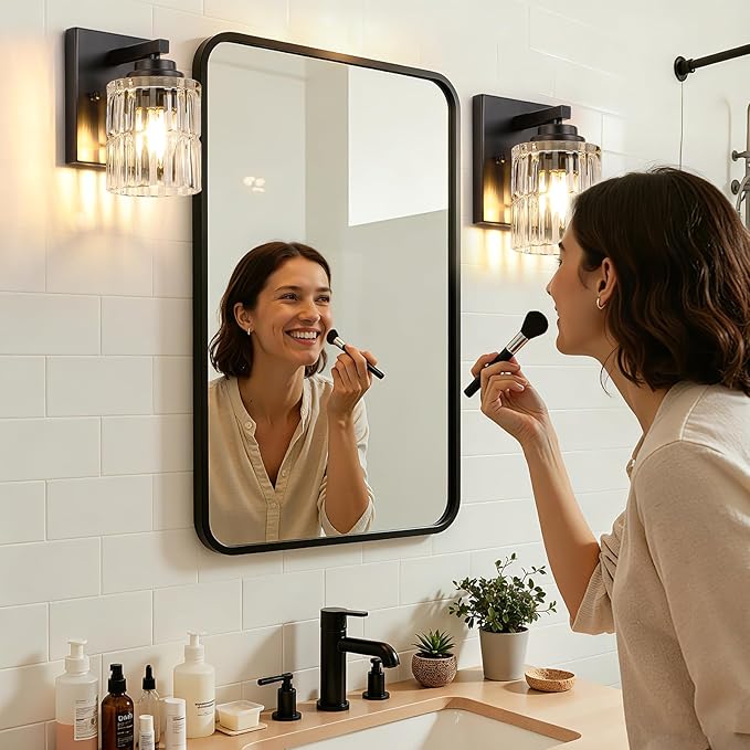 TALOYA 4 Inch Bathroom Light Fixtures,Modern,Set of 2 Light Brushed Black Vanity Lights with Wide Vertical Ribbed Thickened Glass Shade for Mirror Makeup Room Hallway（Bulbs Not Included）