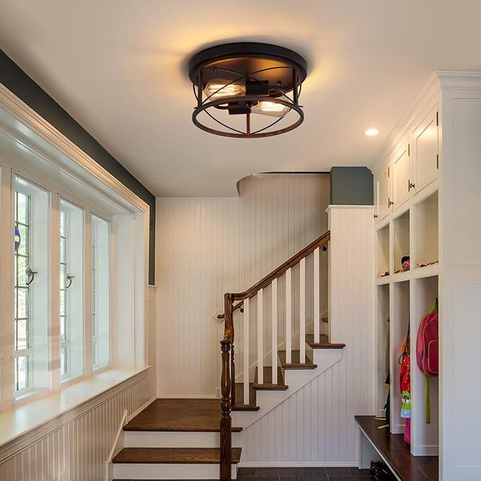 Q&S Farmhouse Ceiling Light Fixture Flush Mount,ORB+Bronze,Rustic Vintage Mini Ceiling Lighting for Hallway Entryway Kitchen Dining Room Bedroom Garage Gazebo Locker,2 Lights UL Listed