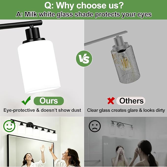 Zarbitta 6-Light Bathroom Light Fixtures, Black Modern Vanity Lights with Milky White Frosted Glass Shades, Bathroom Wall Lamp, for Mirror, Living Room, Kitchen, Hallway, Cabinet, Porch