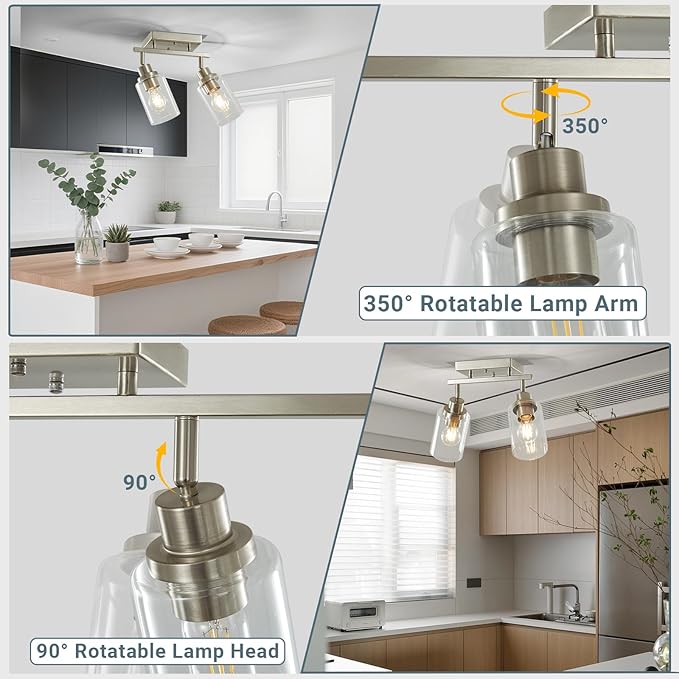 LOUSACE 2 Light Brushed Nickel Bathroom Vanity Track Light Fixtures Ceiling Mount Kitchen Track Lighting Kit with Clear Glass Shade, Modern Wall Ceiling Rotatable Tracking Light Heads for Accent Shop