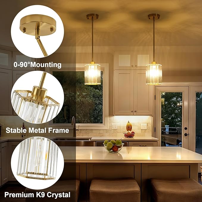 3 Pack Crystal Pendant Lights Kitchen Island, Modern Brushed Gold Kitchen Pendant Lights Over Island, Hexagonal Crystal Hanging Lights for Island, Dining Room, Hallway, Foyer, Entryways