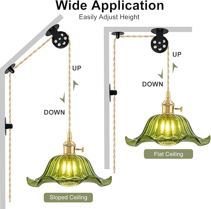 Plug in Pendant Light Vintage 2 Pack, Adjustable Pulley Hanging Lamp with Green Lily Glass Shade, Brass Hanging Lights with Plug in Cord for Kitchen, Compatible with Indoor Plant Grow Light Bulbs