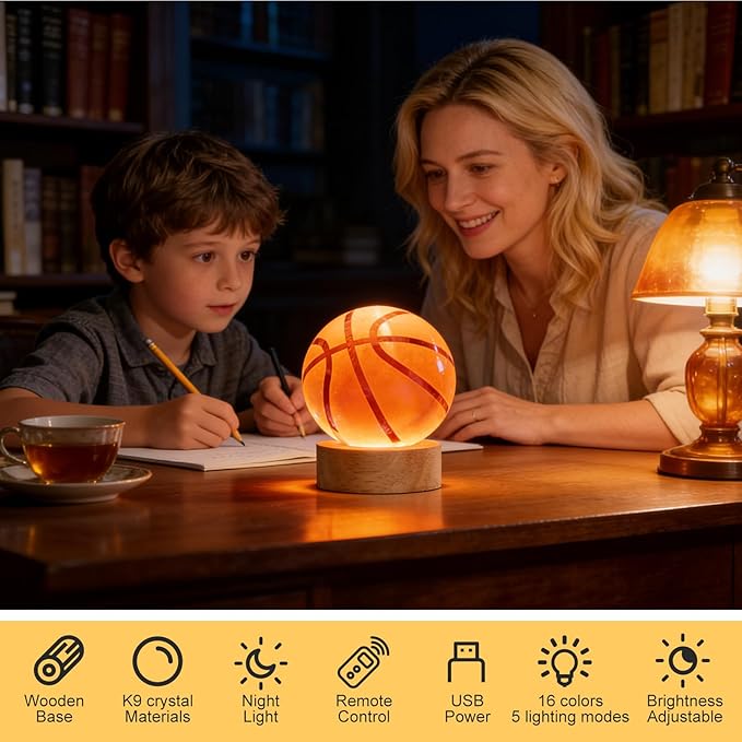 Basketball Night Light, 3D Crystal Ball Lamp with 16 LED Color Changing & Remote, 3.15 Inch Unique Desk Decor, Gift for Women Men Kids, Birthday Christmas Home Room Decoration, Basketball Lamp