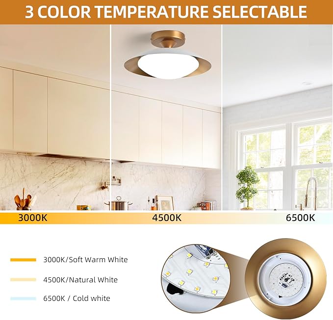 Dimmable Metal LED Flush Mount Ceiling Light, 5CCT 2700K-6000K White and Gold Close to Ceiling Lighting Fixtures, Mid Century Ceiling Lamp for Bedroom, Kitchen, Hallway, Laundry Room (11.8in)