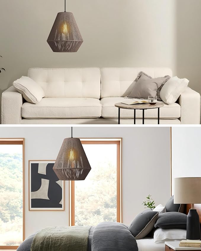 ELYONA 12” Woven Pendant Light for Kitchen Island Farmhouse Boho Hanging Lamp with Handwoven Rattan Basket Shade Adjustable Pendant Light Fixtures for Dining Room Bar Bedroom Foyer Hallway Dark Brown
