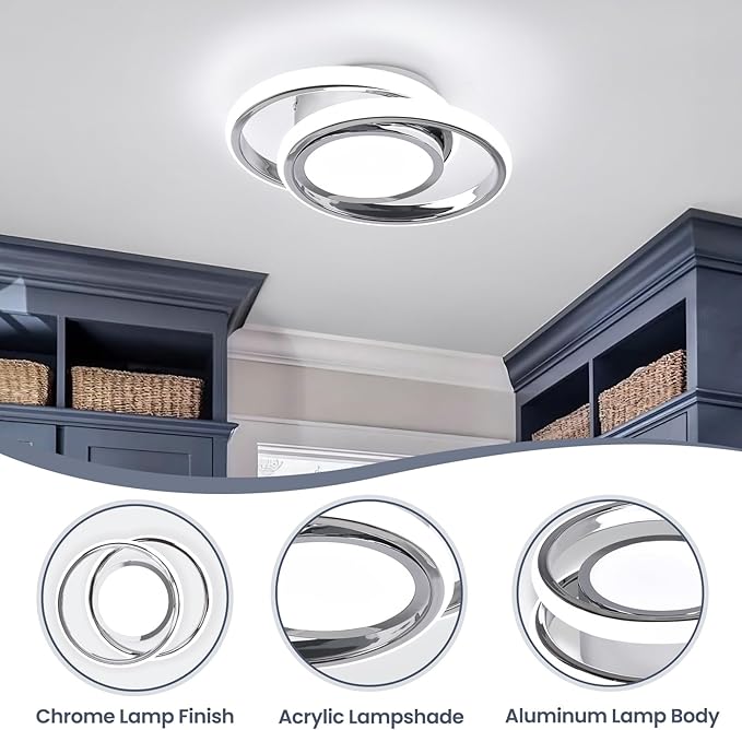 CANEOE 2 Packs Small Modern LED Ceiling Light,2 Rings Creative Design Ceiling Lamp Indoor Hallway Lighting Fixtures for Hallway Living Room Bedroom Kitchen Office (Chrome)