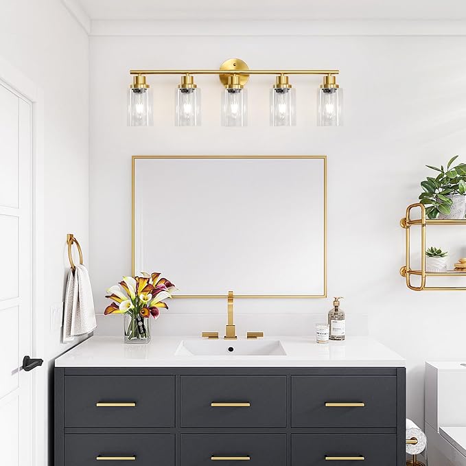 5-Light Bathroom Vanity Lights, E26 Modern Brushed Gold Bathroom Light Fixtures with Clear Glass Shade, Mirror Kitchen Hallway Cabinet Living Room Sconces Wall Lights
