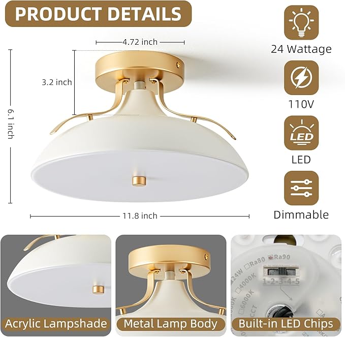 OKELI Dimmable LED Ceiling Light Fixture, 5CCT 2700K–6000K Modern Semi Flush Mount Ceiling Light, 24W White Gold Close to Ceiling Lamp for Kitchen Bedroom Hallway Entryway Laundry Room, 11.8 Inch