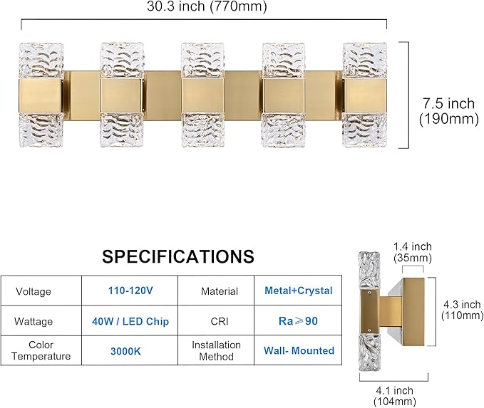 MELUCEE 5 Lights Brass Crystal Vanity Light Bar LED Bathroom Lights Over Mirror Wall Mount, 30.3-Inch 40W LED Modern Vanity Lighting Fixtures for Bath Restroom Powder Room, 3000K Warm Lighting