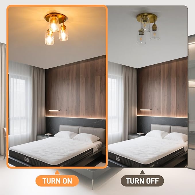 hykolity 3-Light Semi Flush Mount Ceiling Light, 9 Inch Gold Close to Ceiling Light Fixtures with Seeded Glass Shades, Modern Ceiling Lighting for Kitchen, Bedroom, Entryway, Hallway, ETL Listed