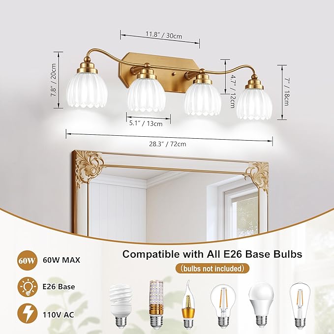 Vintage Bathroom Light Fixtures, Gold Bathroom Vanity Light, Matte Antique Brass Finish with Crystal Glass Shade, Wall Sconces Lighting for Bedroom, Living Room, Hallway (Milk White, 4-Light)