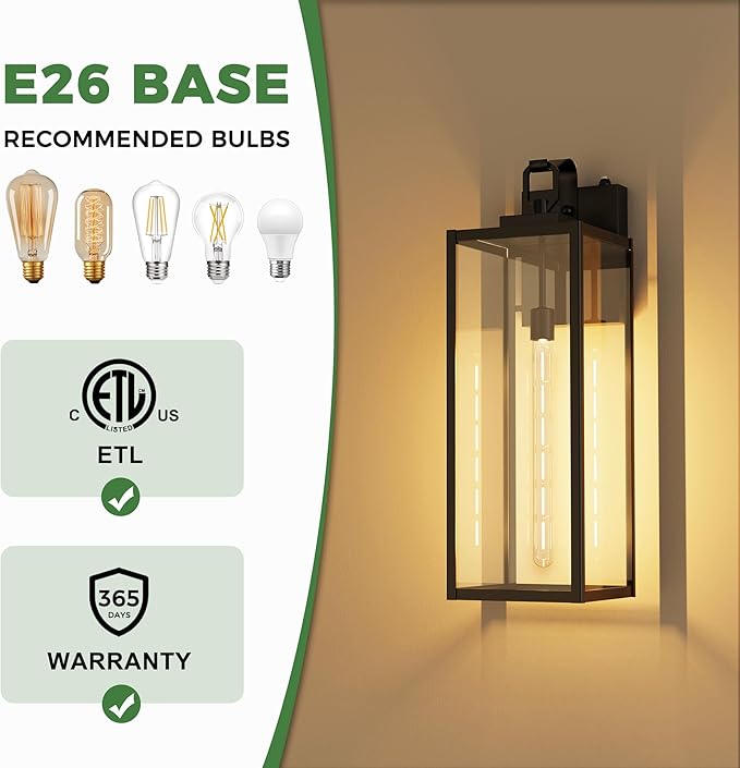 DORESshop 24 Inch Large Size Dusk to Dawn Outdoor Wall Lights, Matte Black Waterproof Anti-Rust Outdoor Light Fixtures Wall Mount with Clear Glass Shade for Porch, with T30 Light Bulbs, 2 Pack