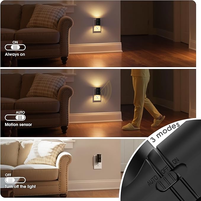 JandCase Motion Night Light, Rotating Night Lights Plug into Wall, 3 Colors 3000K-5000K-Amber, Dusk to Dawn & Motion Sensor, 3 Level Brightness Nightlight for Bathroom Bedroom Hallway [2 Pack]