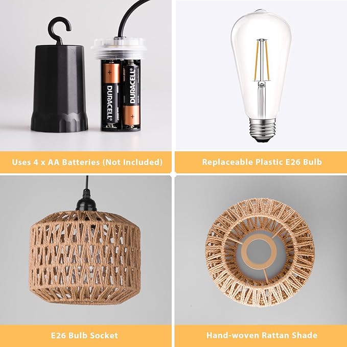 Battery Operated Outdoor Chandelier, Battery Power Hanging Pendant Lights, Woven Rattan Gazebo Light Outdoor Waterproof, for Gazebo, Pergola, Porch, Indoor Outdoor Decor Lighting (7.8")