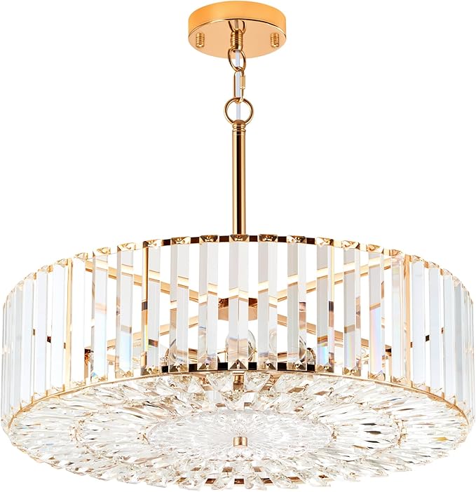 VONLUCE Cystal Ceiling Light Fixture, 6-Light Semi Flush Ceiling Light with Crystal Prisms, 21 in. Chandelier for Dining Room Bedroom Entryway, Kitchen, Gold Metal Canopy, ETL Certificated