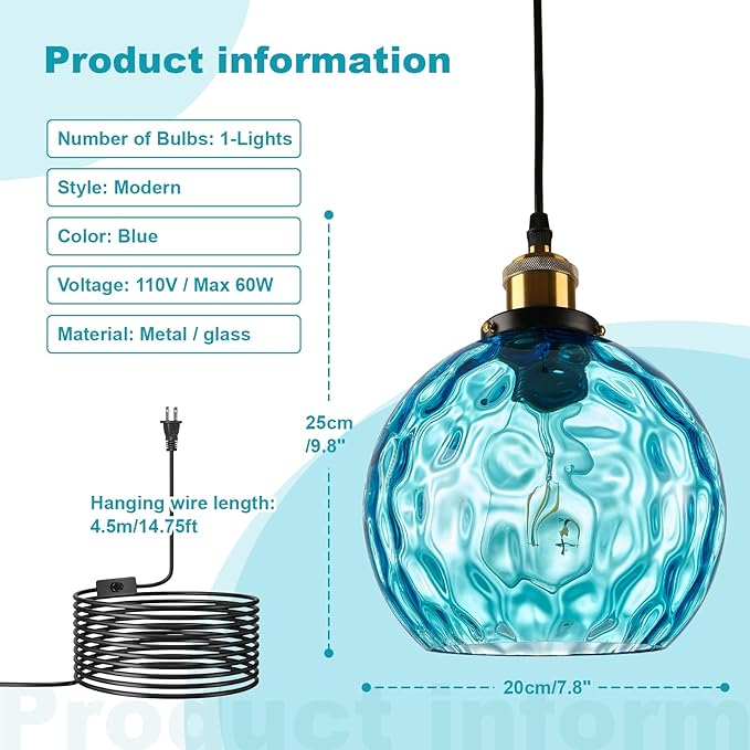 Blue Globe Glass Plug in Pendant Light Mid Century Modern Hanging Ceiling Light Fixture 14.75FT Black Plug in Chandelier Lighting for Bedroom Living Room Dining Room, Corner Light Fixtures