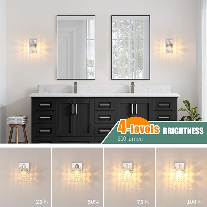 Shenmoyl Set of 2 Crystal Battery Operated Wall Sconce,Rechargeable Wall Lamp with 5200mAh Battery & Remote Control, Modern Dimmable Wireless Wall Lights for Bedroom Bathroom (Clear, Silver Base)