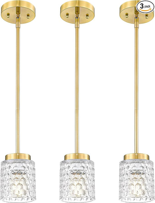 FEMILA 4" Gold Chandelier, 3-Pack Brushed Gold Pendant Light for Kitchen Island, Bedroom, Dining Room Light Fixture, Hammered Glass, 4FY86MIL-3PK BG