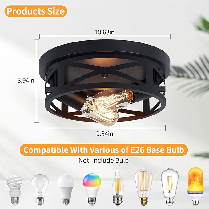 ZHU YAN 2 Pack Black Flush Mount Ceiling Light,Industrial Farmhouse Metal Cage Black Light Fixtures Ceiling Mount for Kitchen Entryway Hallway E26 Base (10.63in)
