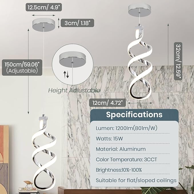 Modern Led Pendant Light Fixture, 15W Chrome Spiral Led Chandelier Hanging Lamp, 3000K-6000K, Dimmable Pendant Lamp, Adjustable Height Pendant Light for Kitchen Island Dining Room Bedroom Cafe