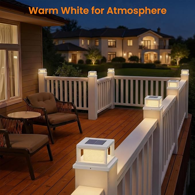 Mlambert 4 Pack Solar Post Lights Outdoor, 2 Modes LED Fence Cap Light for 4x4 Post, Waterproof Deck Light Patio Garden Decor, Warm/Cool White, White