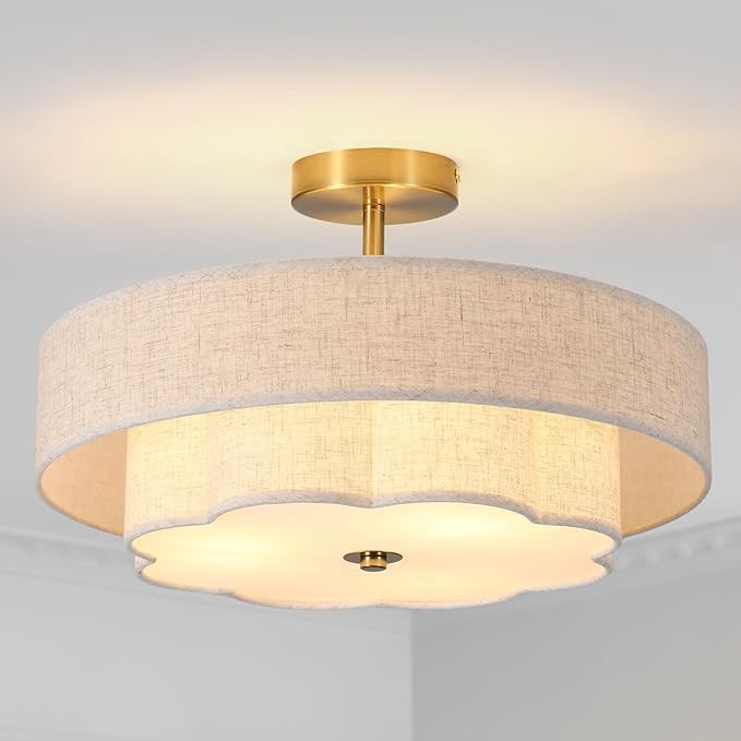 3-Light Drum Semi Flush Mount Ceiling Light, 17.7" Modern White Drum Ceiling Lighting Fixture,Vintage 2-Layer Linen Ceiling Lamp for Dining Room,Kitchen, Basement, Bedroom, Laundry Room