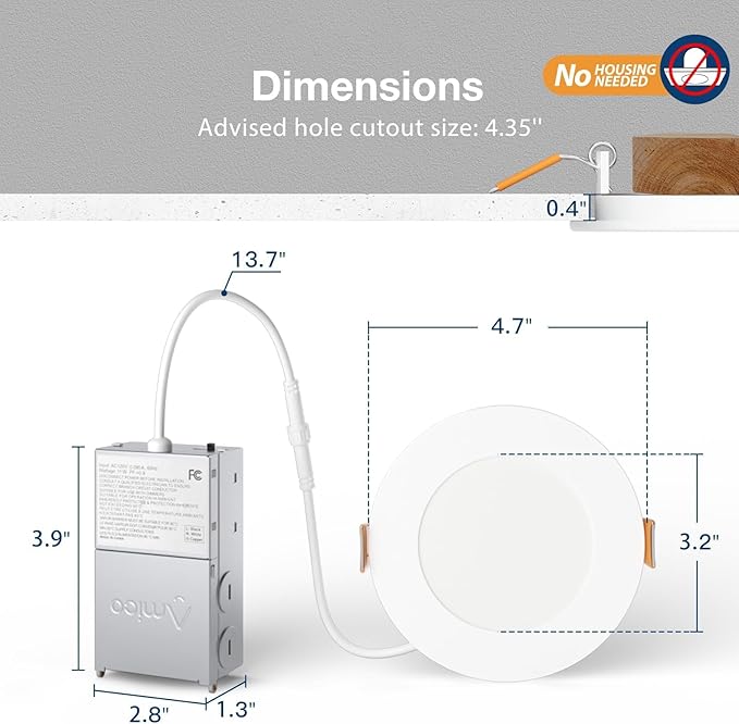 Amico 6 Pack 4 Inch 5CCT Ultra-Thin LED Recessed Ceiling Light with Junction Box, 2700K/3000K/3500K/4000K/5000K Selectable, 11W Eqv 70W 800LM Brightness Dimmable Canless Wafer Downlight, ETL & FCC