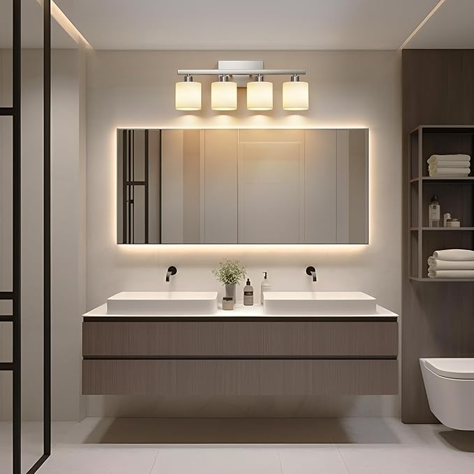 PARTPHONER Bathroom Light Fixtures, Bathroom Lighting Fixtures Over Mirror, Classic Vanity Lights, Modern Vanity Light with Textured Frosted Opal White Glass Shades, Brushed Nickel, 4-Light