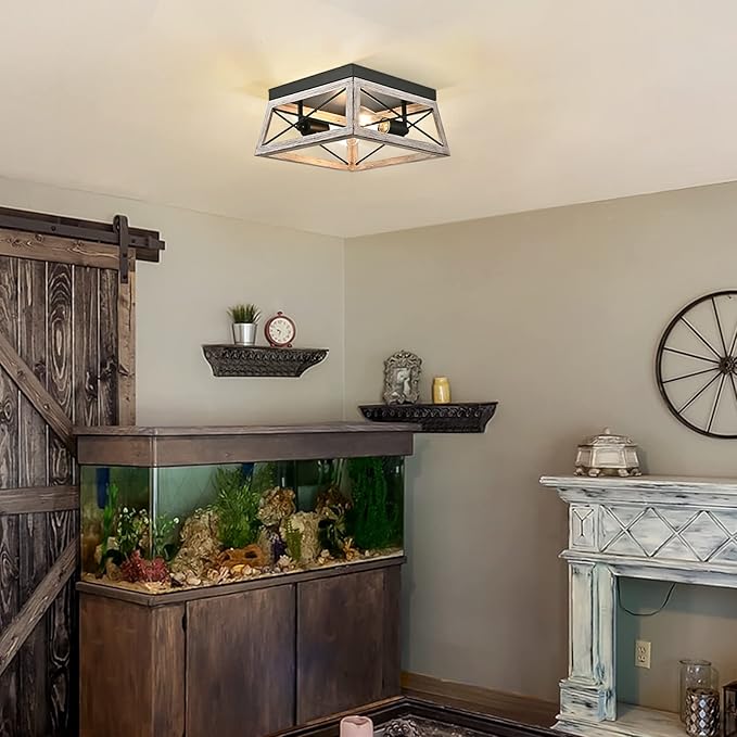 DEWENWILS Farmhouse Flush Mount Ceiling Light, Metal Light Fixture with Wood Grain Finish, 2-Lights Hallway Light Fixture Ceiling Mount for Entryway, Foyer, Dining Room
