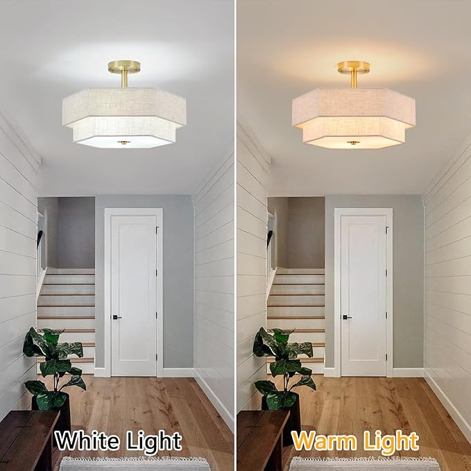 SGLfarmty 17.7" Gold Flush Mount Ceiling Light, 3-Light Farmhouse Light Fixture Ceiling Mount with 2-Tier Hexagonal Fabric Linen Shade, Modern Drum Chandelier for Bedroom Hallway Living Room