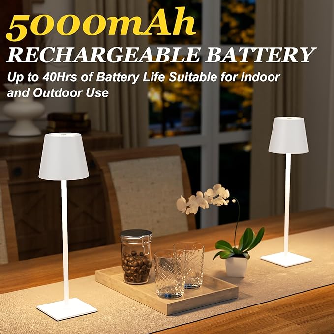 Kakanuo White Gold Cordless Rechargeable Table Lamp 5000mAh Battery Operated Lamps, 3 Colors Stepless Dimming Touch Lamp for Living Room, Kitchen Counter, Dining, Outdoor Patio, 2 Pack