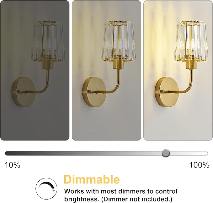 KARTOOSH Hardwired Crystal Wall Sconces Set of Two - Dimmable Wall Light Fixtures 3000K, Warm White, for Hallway, Bathroom, Living Room, Bedroom, Brass, 13 Inch