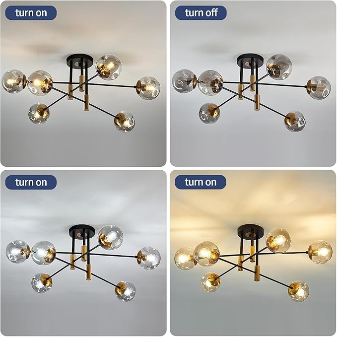 6-Light Glass Globe Sputnik Light Fixture Modern Matte Black and Gold Chandelier Semi Flush Mount Ceiling lamp for Living Room Kitchen Dining Room Farmhouse Bedroom