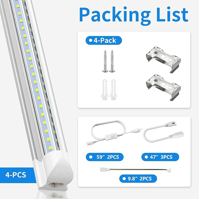 SHOPLED LED Shop Light 5FT, 50W 6500LM 6000K Cool White, V-Shape T8 Linkable LED Tube Lights, Work Shop Lights for Garage, Workbench, Basement, ETL Listed, 4 Pack