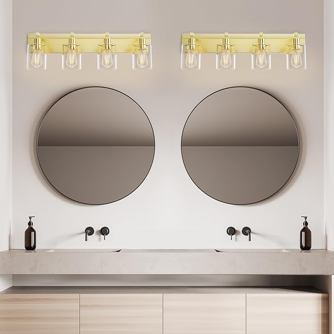 Espird Bathroom Vanity Light, 4 Light Gold Light Fixture with Thickened Clear Glass Shade, 24 inch Modern Wall Sconce,Vanity Light Over Mirror for