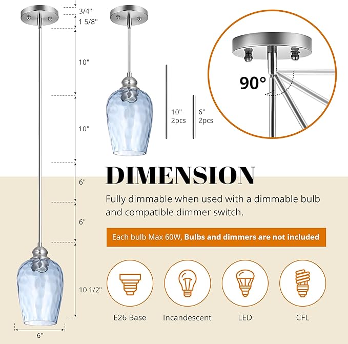 Glass Pendant Lights Kitchen Island, Blue Pendant Light Fixtures with Hand-Blown Clear Glass, Modern Hanging Light for Kitchen Sink Dining Room Bedroom, E26