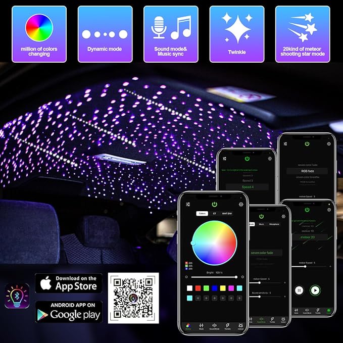 AMKI Mini 6W 600pcs 0.03in 13.1ft Twinkle Starlight Headliner Kit+180pcs Meteor Shooting Star Pure White,Sound Activated Fiber Optic Starlight Box APP/Remote Control for Car Home Star Ceiling Decor