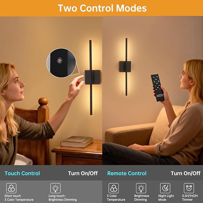 Shenmoyl Battery Operated Wall Sconce Set of 2, 8000mAh Wireless Wall Sconces, 3000K-6000K Dimmable, 350°Rotate, Indoor Wall Lights with Remote for Bedroom Living Room Bathroom, Black, 23.6 Inch