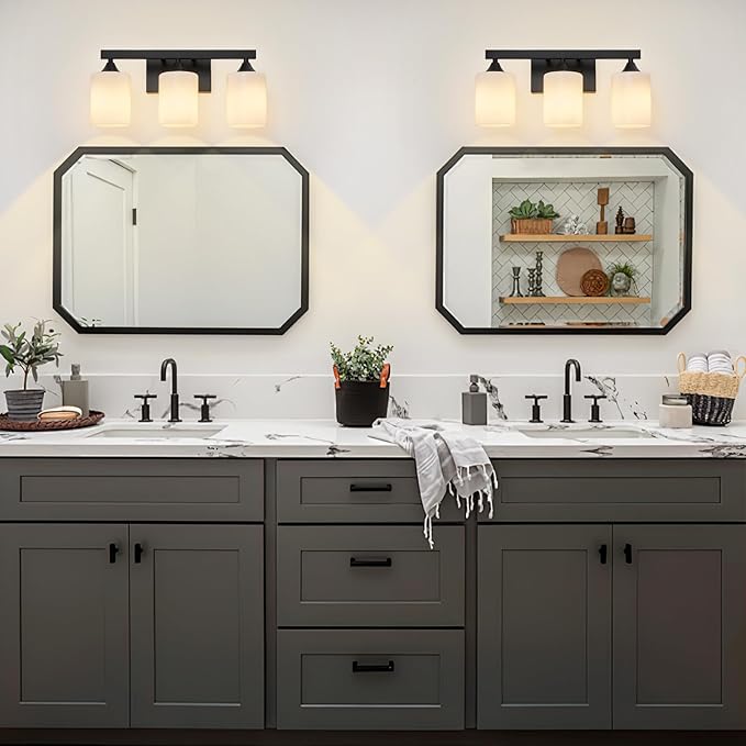 ZHU YAN Black Bathroom Vanity Lights,3-Light Bathroom Light Fixtures Over Mirror with White Frosted Glass Shades,Wall Lamp Vanity Lights for Mirror Living Room Bedroom E26 Socket