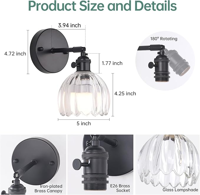 Shenmoyl Vintage Battery Operated Wall Sconce with Transparent Tulip Glass Lampshade Rechargeable Battery Powered Black Wall Light with Remote Control for Bedside Bedroom Doorway