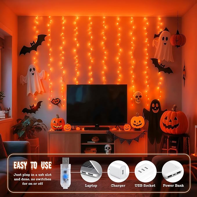 JMEXSUSS Orange Curtain Lights for Halloween, 200 LED Halloween Curtain String Lights USB Plug in, 8 Modes Orange Hanging Window Lights for Bedroom Party Indoor Outdoor Decorations