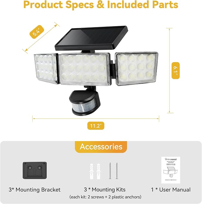 Solar Lights Outdoor, 3500LM 168 LED Motion Sensor Solar Flood Lights, 3 Heads 300° Wide Angle, 3 Modes IP65 Waterproof Solar Security Lights for Yard Garden Patio, 3 Pack (Black)